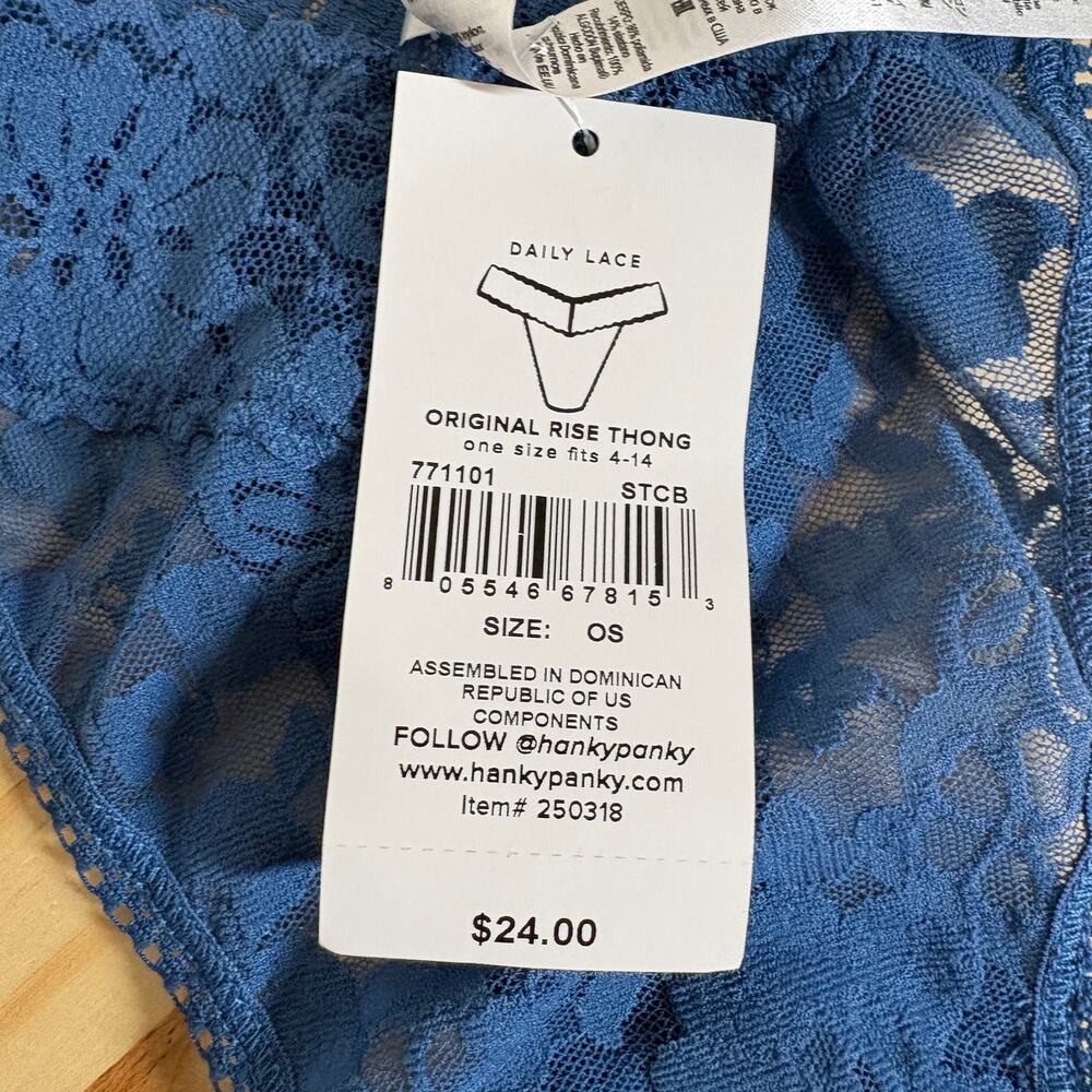 Hanky Panky One Size (4-14) Original Rise Thong Blue Nylon Blend Daily Lace - Picture 7 of 8